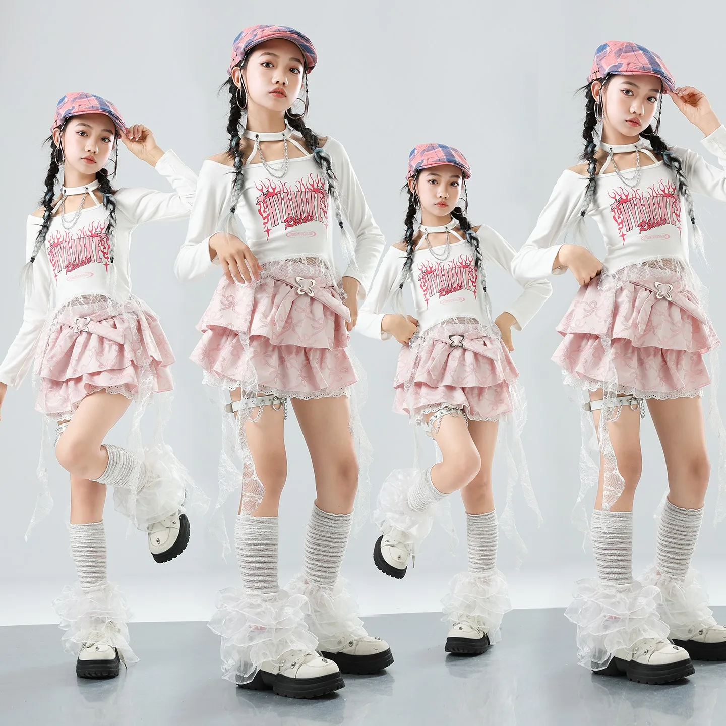 

Sweet Kpop Clothing Kids Girls Jazz Cheerleading Dance Costumes White Tops Pink Skirt Runway Concert Y2K Stage Clothes BL17832