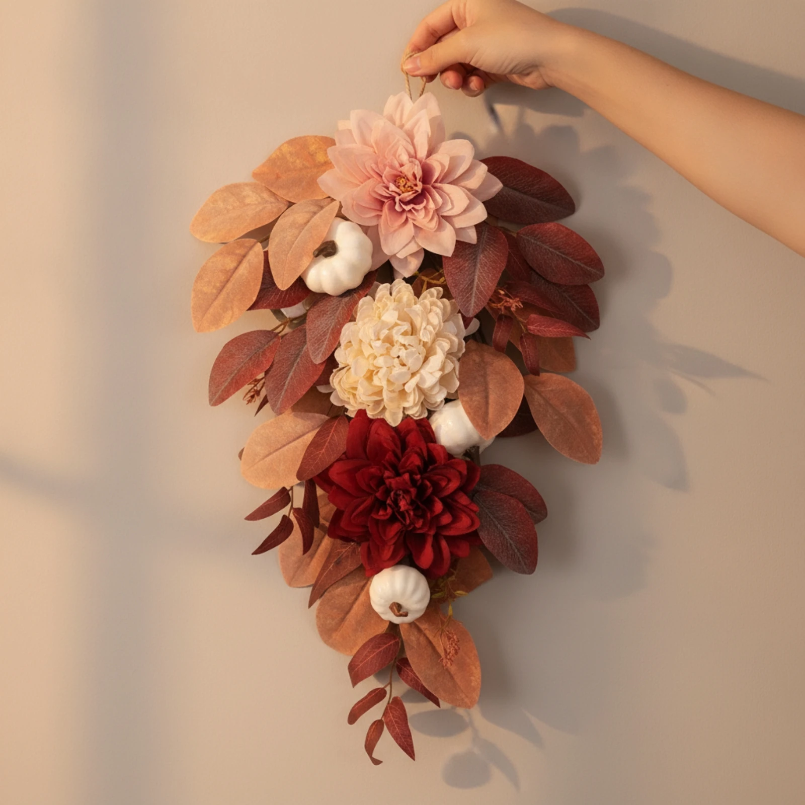 Fall Harvest Door Swag Farmhouse Teardrop Wreath with Pumpkins Fall Teardrop Swag Faux Layered for Entryway, Thanksgiving