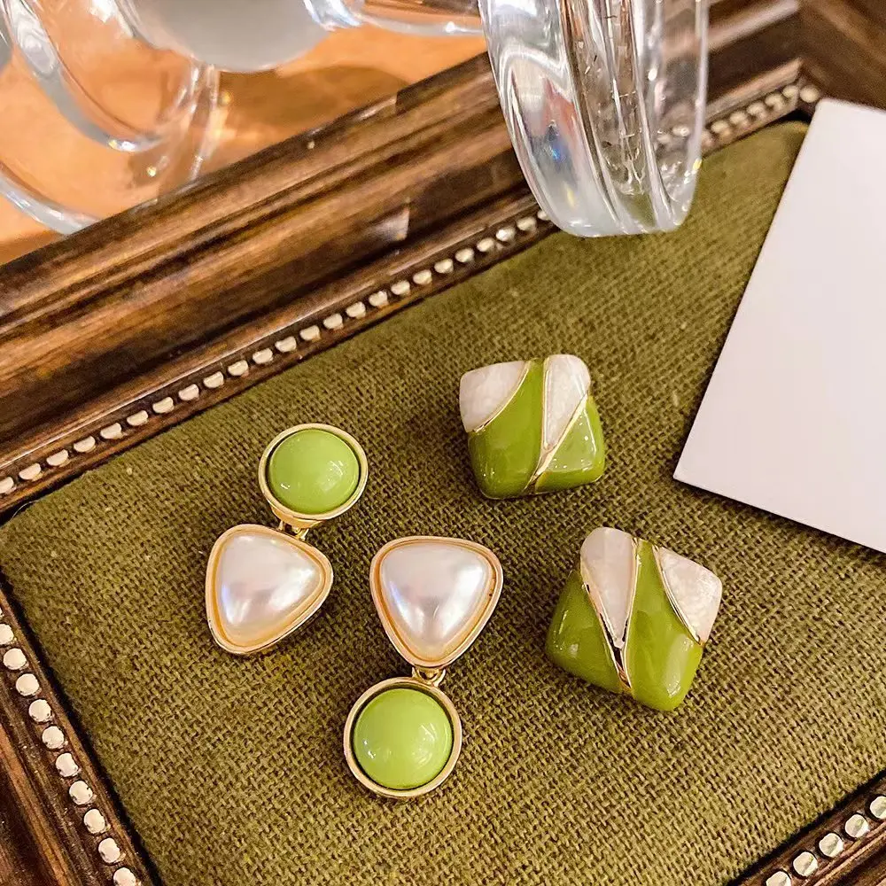 

Green Color-Block Creative 925 Sterling Silver Square Geometric Stud Earrings - Elegant Ear Jewelry for Women