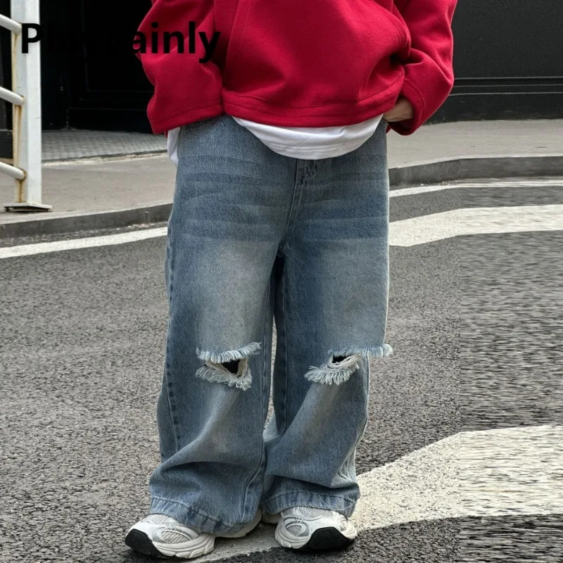 

2025 New Children Korean Style Ripped Jeans Spring Autumn Boys Loose Wide Leg Pants Trendy Kids Distressed Denim Trousers A2503