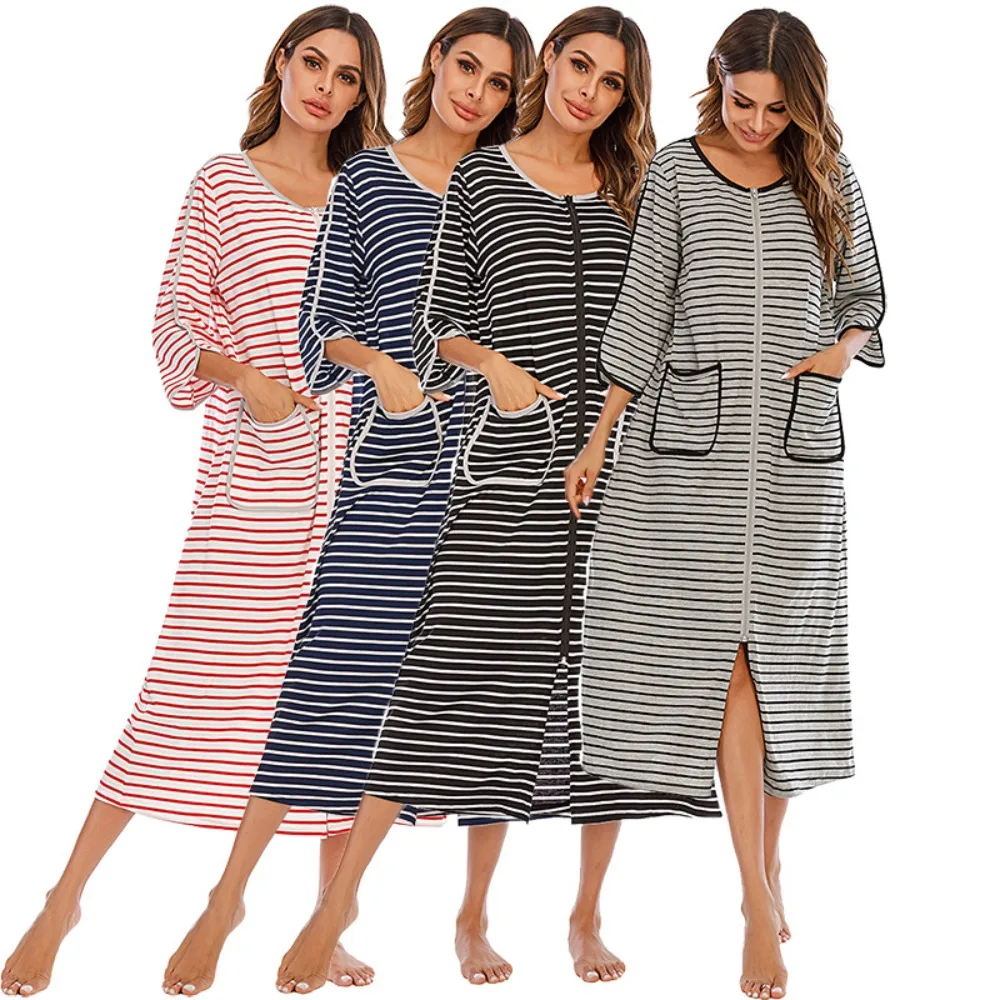 

European and American Autumn and Winter Home Comfort and Casual Loose Pajamas, Centre-sleeved Large-size Striped Nightgown