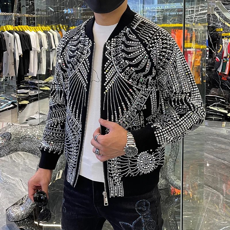 Luxury Brand Diamond Mens Jackets And Coat Fashion Heavy Industry Hot Diamond Punk Slim Jacket Vintage Jacket Men Jaqueta Bomber