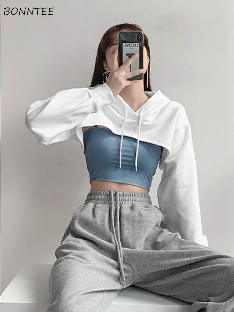 With Hat Hoodies Women Baggy Cool Girls All-match Crop Hooded Sweatshirts High Street Personality Unisex Fashion Korean Style