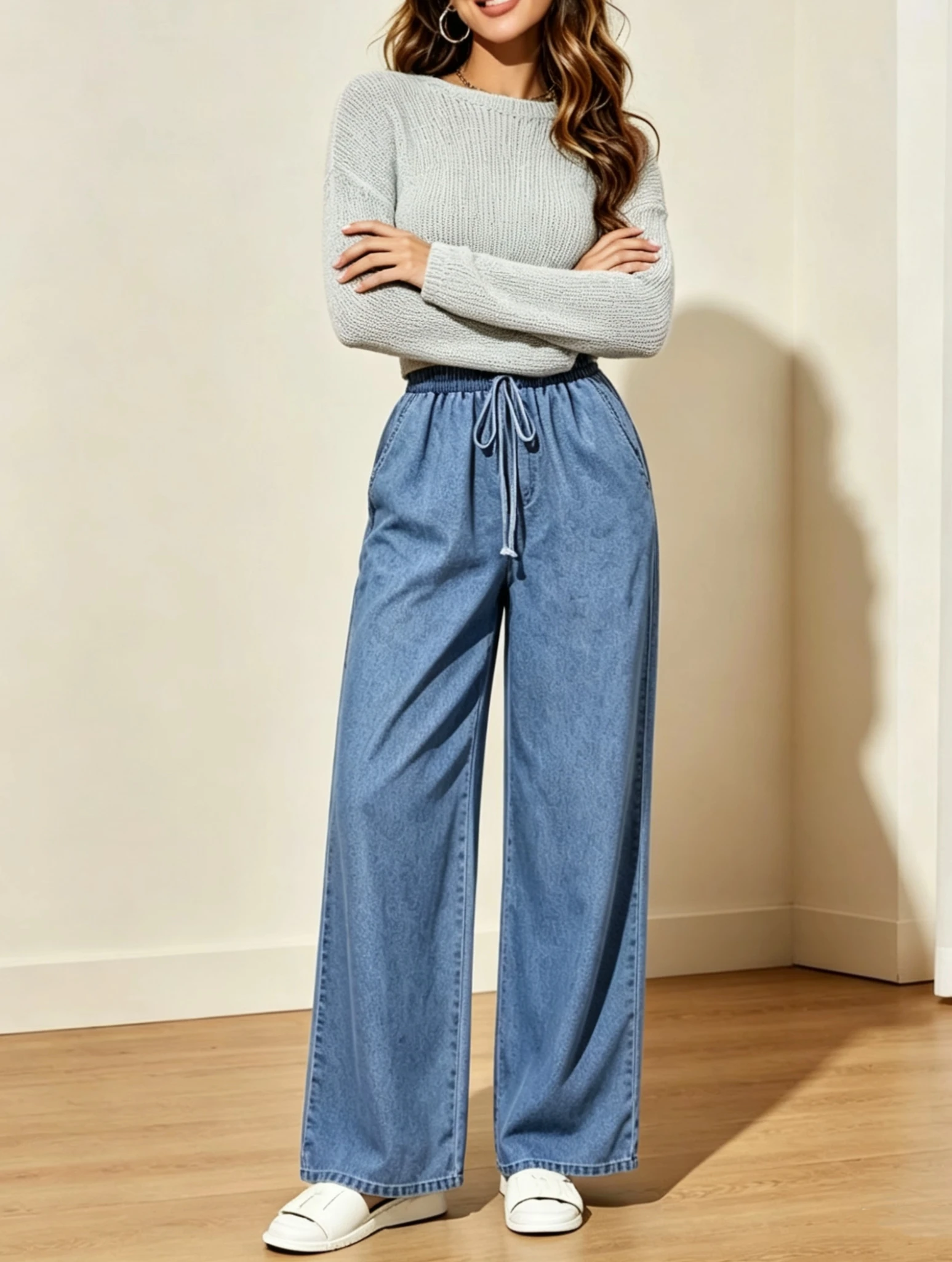 Women's Elastic-Waist Slim-Fit Wide-Leg Jeans