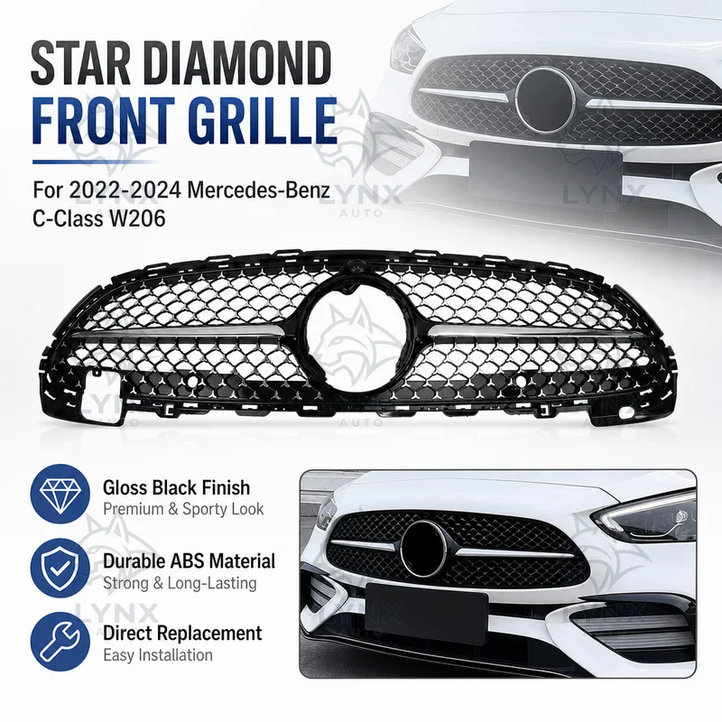 Gloss Black Star Diamond Starry Sky Front Intake Radiator Grille For 2022-2024 Mercedes-Benz C-Class W206 Modified