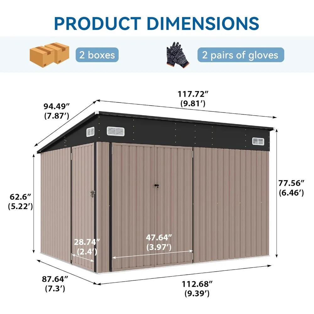 355 Cubic Feet Premium Galvanized Steel Storage Shed with Three Doors, 9.5x7.4 Feet Outdoor Double Lock Single Lean Shed