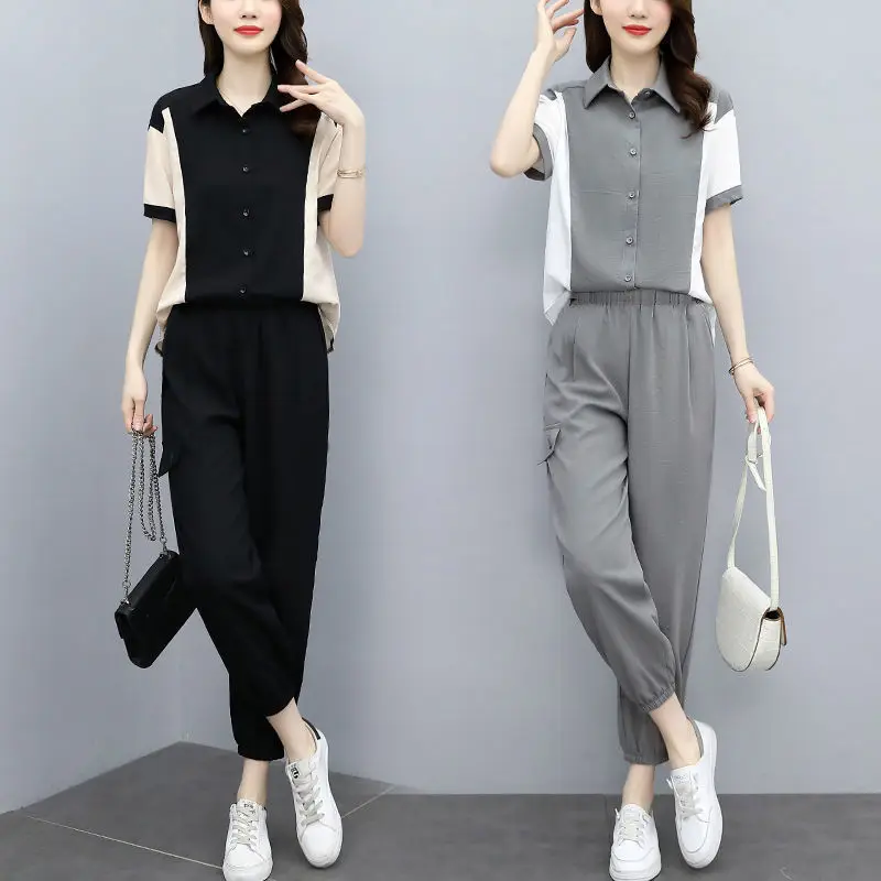 

Summer Two Piece Pant Set For Women 2024 New Casual Patchwork Turn Collar Blouse & Pants Female Pantsuits Oversize Loose Clothes