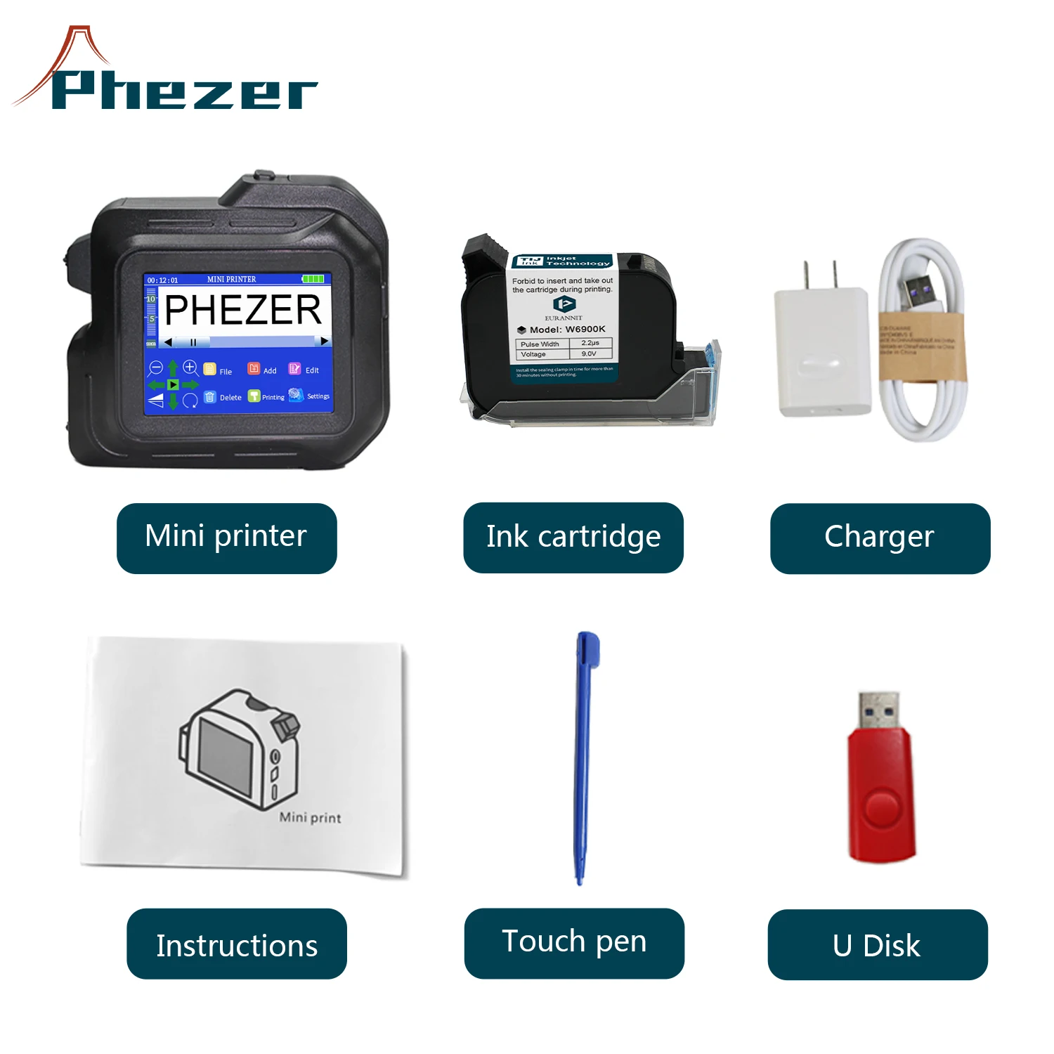 Phezer PC98 Mini Printer 28 Languages 12.7mm Portable Printer Handheld Inkjet Printer QR Bar Code Date Logo Expiry Date