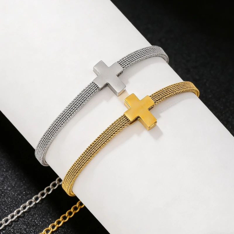 Stainless Steel Mesh Chain Bracelet for Women Dainty Cross Charm Adjustable Party Jewelry Gift for Her Birthday Anniversary