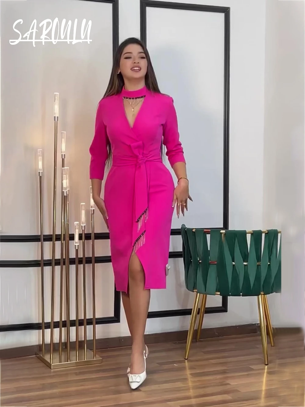 

Newest Solid Color Front Cut-out Modern Evening Dress Charming Ankle-length Prom Gown With Tassel Slim Fitted Women Party Wear