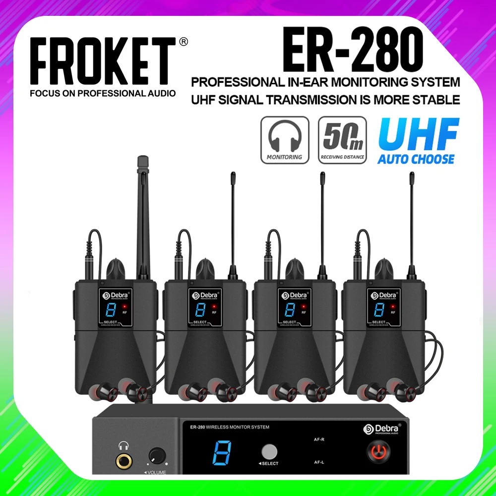 FROKET ER-280 UHF In-Ear Monitor System 50M Range Signal Transmission 16 Frequency Adjustment, Lightweight And Easy To Carry.