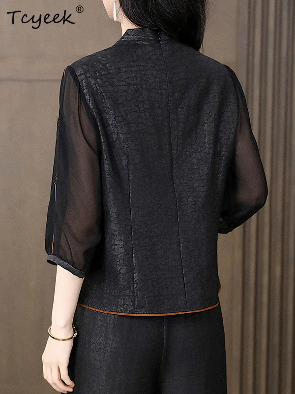 Tcyeek, T-shirt elegante in seta di garza annaffiata, ricamo a mezza manica da donna, camicette vintage larghe, estate autunno 2024 T46059QM