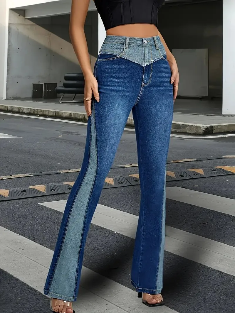 Vaqueros acampanados clásicos ajustados con bloques de color y empalme de tiro medio de calle sexy a la moda para mujer, corte en forma de V, lavables a máquina durante todo el año,
