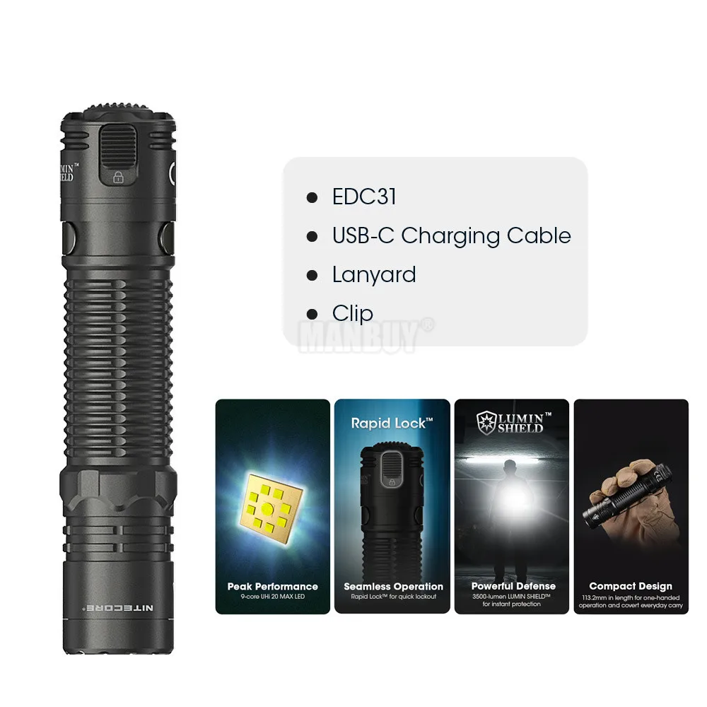 Sale Nitecore EDC31 3500 Lumens USB-C Rechargeable 9 x LED Outdoor EDC Flashlight Gear Law Enforcement Tactical Camping Lighting