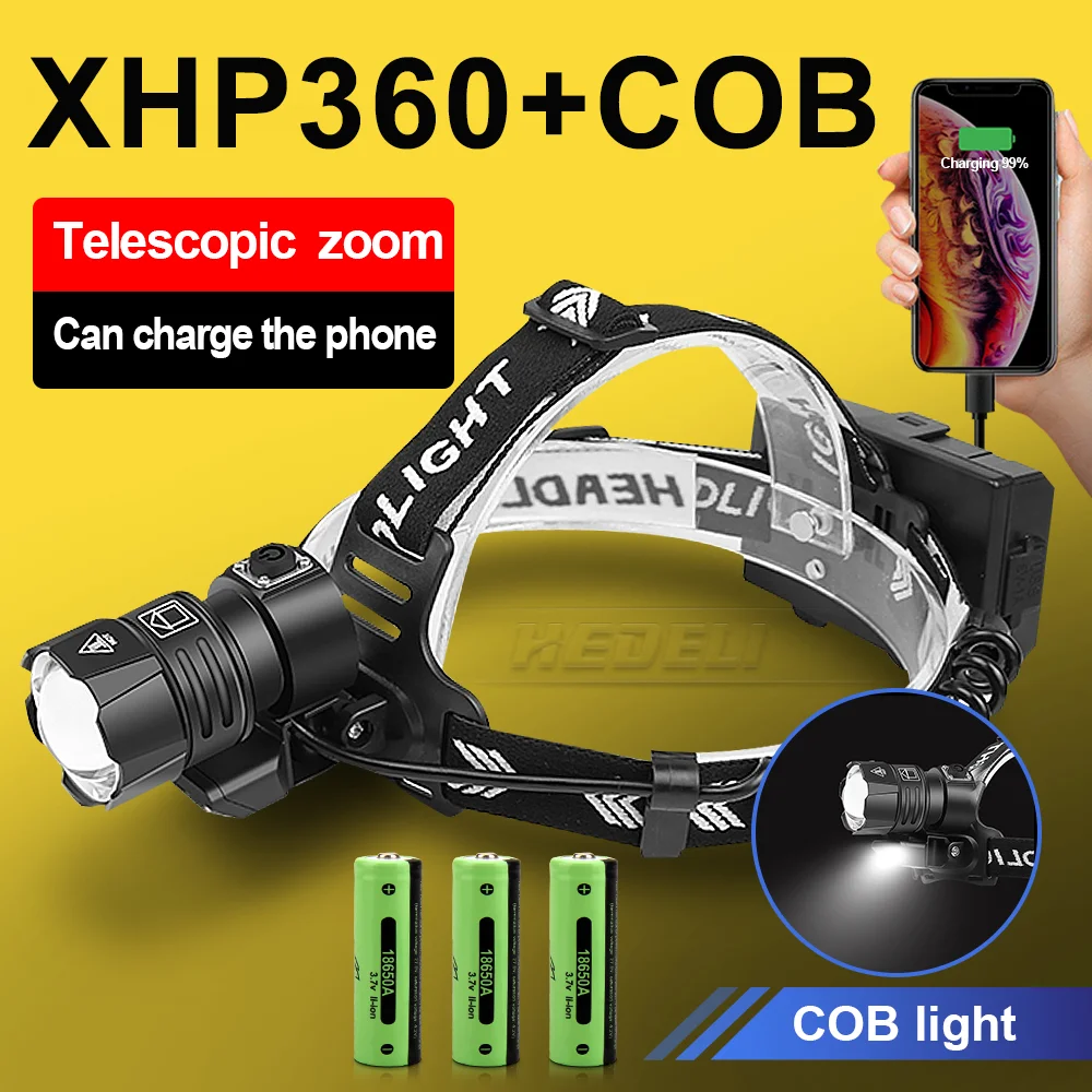 XHP360 COB LED Headlamp Powerful Headlight Flashlight 18650 USB Rechargeable XHP199 Head Light Zoom Waterproof Head Lamp Lantern