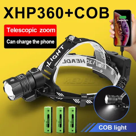 XHP360 COB LED 헤드램프 강력한 헤드라이트 손전등, 18650 USB 충전식, XHP199 헤드 라이트 줌 방수 헤드 램프 랜턴