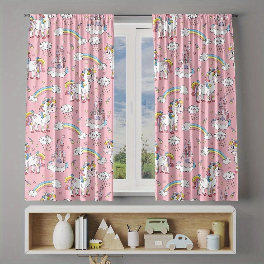 Cute Unicorn Rainbow Princess Nursery Curtains Pink Kids Room Decor Lightweight Sheer Window Panels
