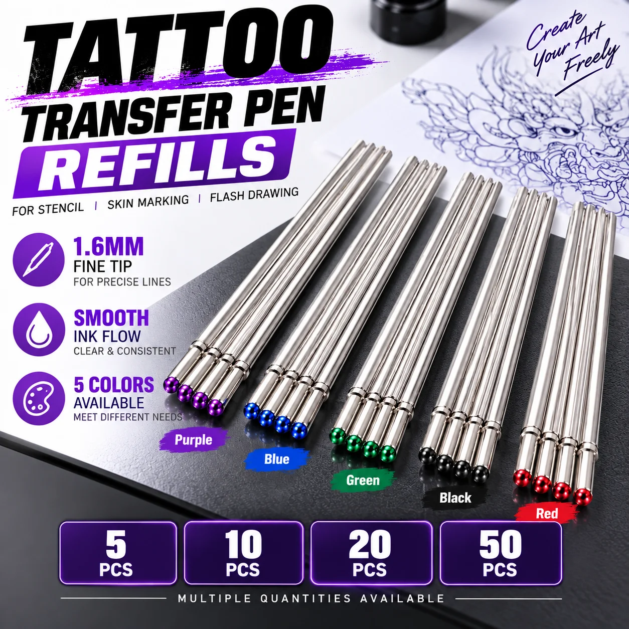 50/20/10/5pcs Tattoo Transfer Pen Refill 5 Colors Tattoo Marker Pen For Drawing Flash On Skin Tattoo Accessories