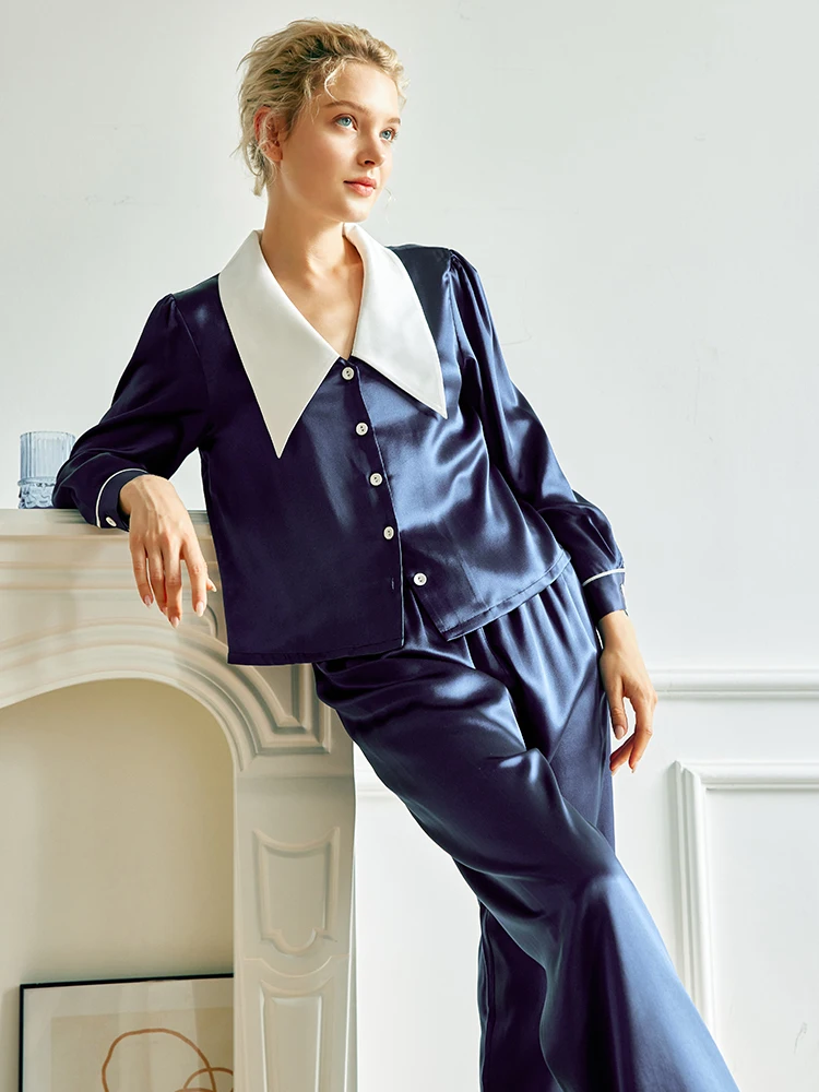 Women's 100% Mulberry Silk Loungewear Set Cute Princess Pajamas Home Outfit Wearable Outside Long Sleeve Pajama Casual Sleepwear