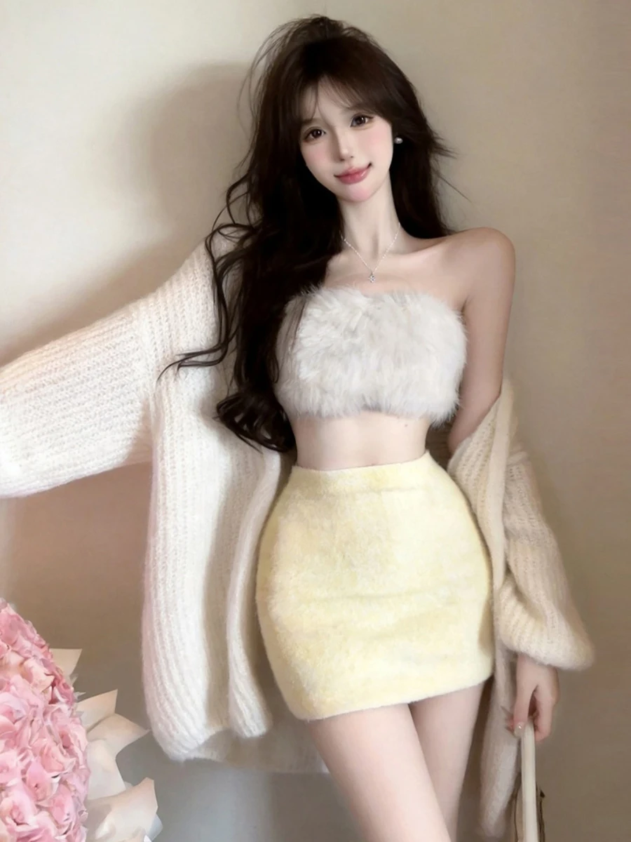 Pure Desire Sexy Sister Plush Wrap Chest Sweater Loose Open Cardigan Outerwear High Waist Versatile Short Skirt Three Piece Set