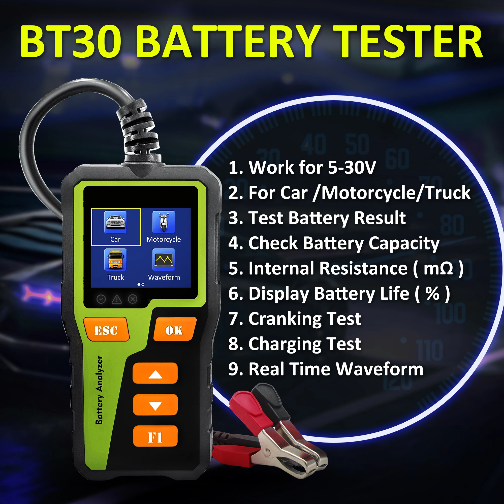 BT30 Autobatterietester 12V 24V Batteriesystemanalysator Auto Cranking and Charging State Diagnosecodeleser Daten CCA Tester