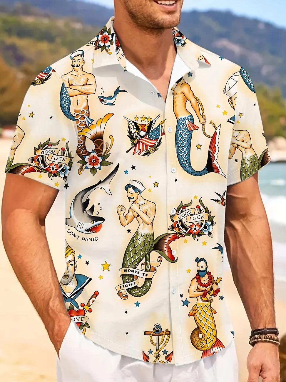 Men's Novelty Retro Tattoo Shirts Mermaid Sailor Shark Anchor Printed Loose Beach Short Sleeve Tops Men Clothes