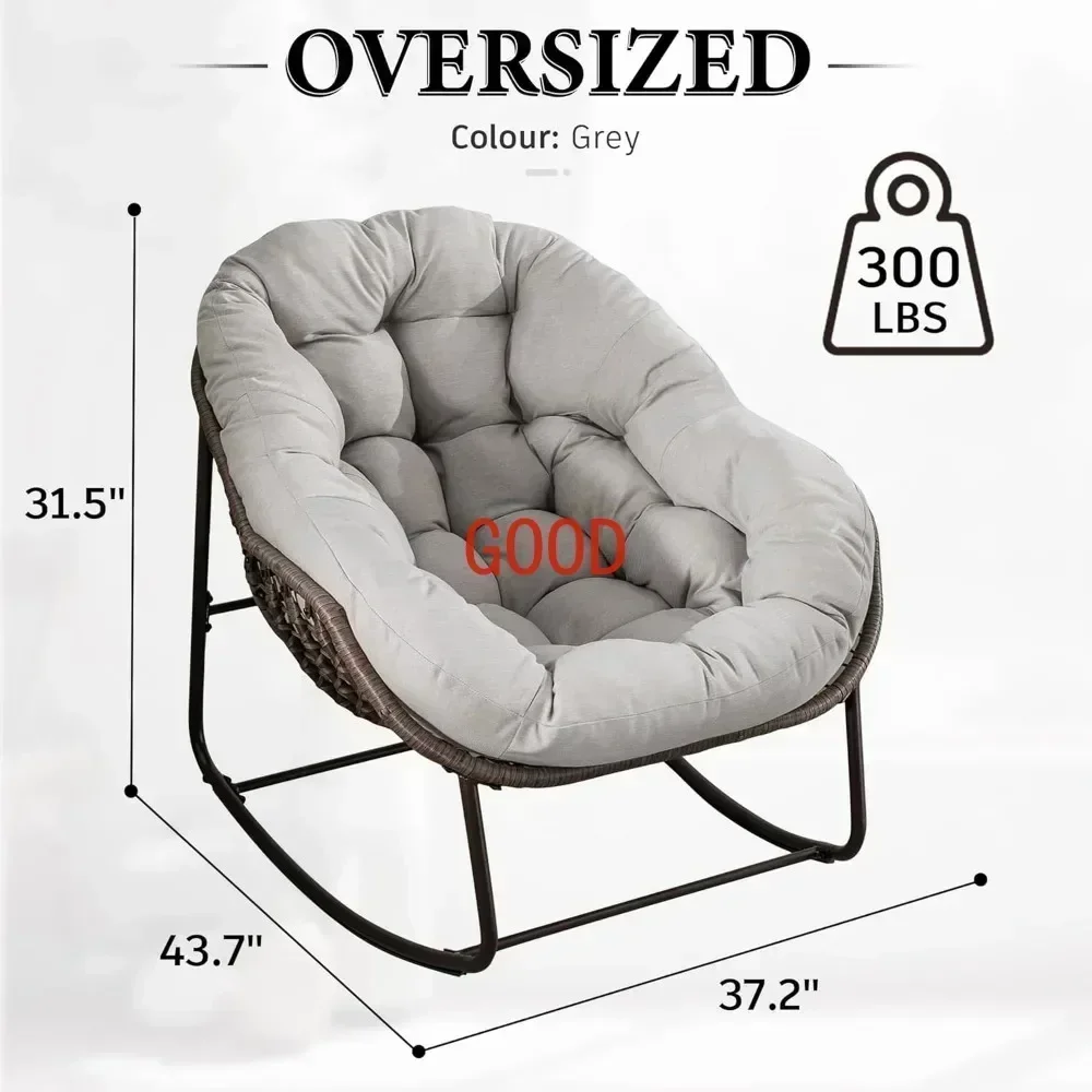 Oversized Rocking Papasan Chair with Thick Cushion and Frame Outdoor Rocker, Comfy Wicker Egg Chairs Lounge for Backyard Balcony