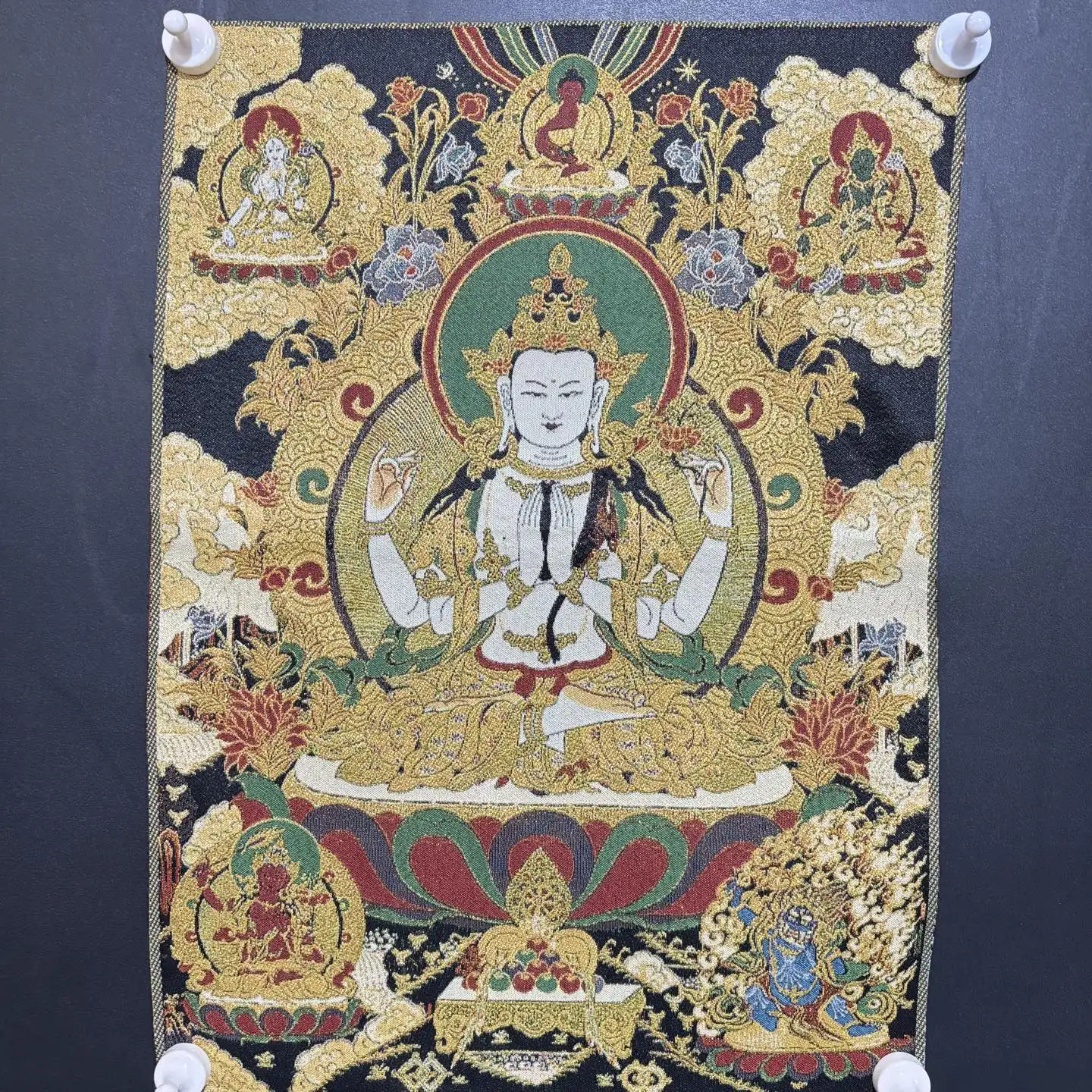 Living room decorative painting Thangka silk embroidery four-arm Guanyin hanging painting