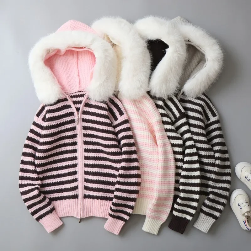 Girls Striped Knit Hooded Jacket Autumn Winter Faux Fur Trim Zip Up Cardigan Kids Warm Casual Outerwear Coat 4-12 Years Sweater