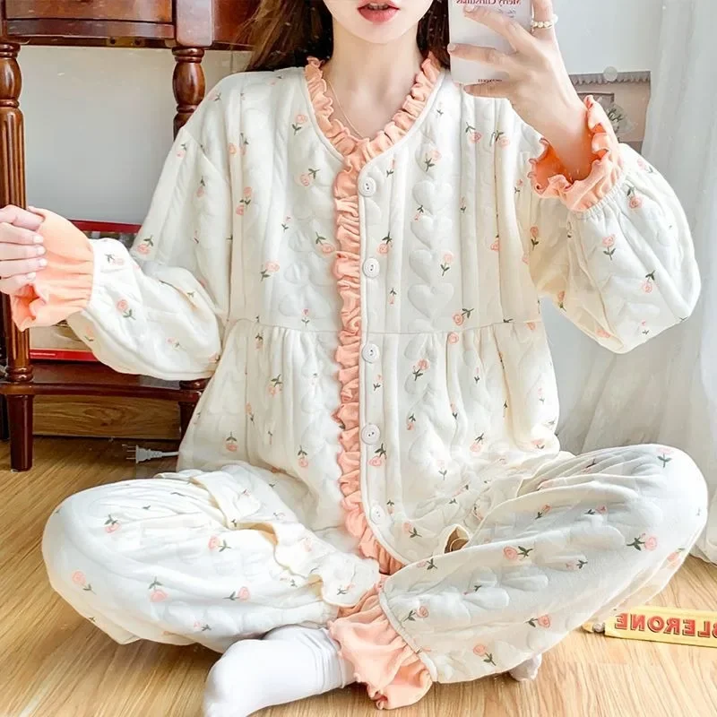 Pyjama chaud en coton Air pour femmes enceintes, vêtements de détente intercalaires, vêtements d'allaitement, automne, hiver, printemps, nouveau, 2024