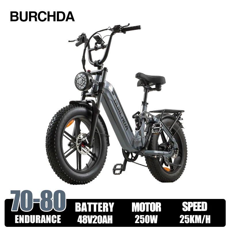 BURCHDA AZ20 Elektrische fiets met hoge vermogen voor volwassenen, mannen, 48V 20AH accu, 45KM/H, 20x4.0 dikke banden fiets voor strand, berg en sneeuw