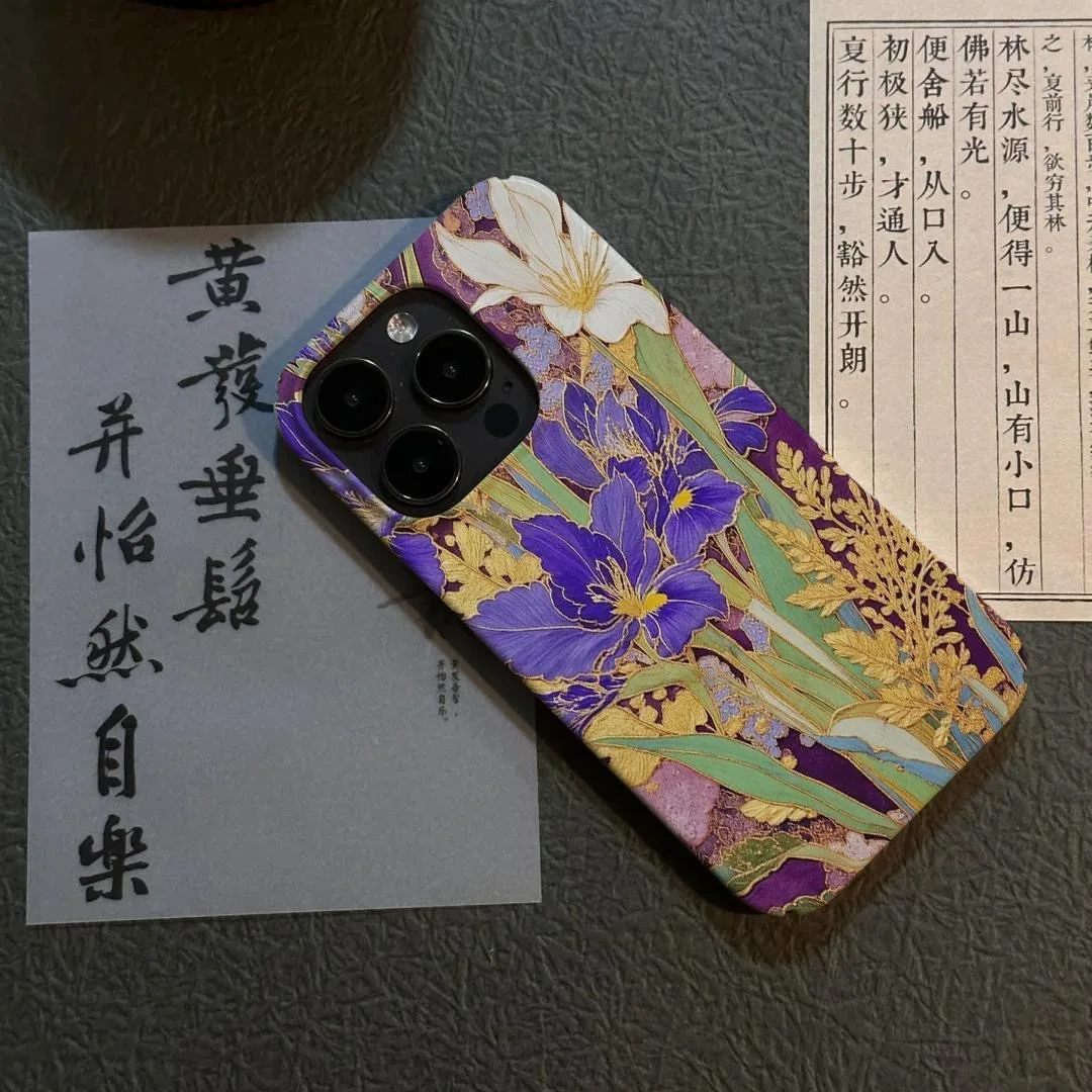 حافظة هاتف رائعة وأنيقة على شكل زهرة القزحية الأرجوانية ونمط فني لهاتف آيفون 16 15 14 11 12 13 Pro Max Plus #4