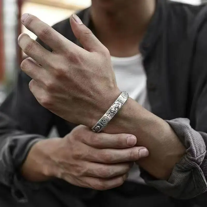 Men's Retro Silver 925 Copper Coins Pixiu Charm Bracelet Simple Chinese Style Domineering Open Bangles Jewelry