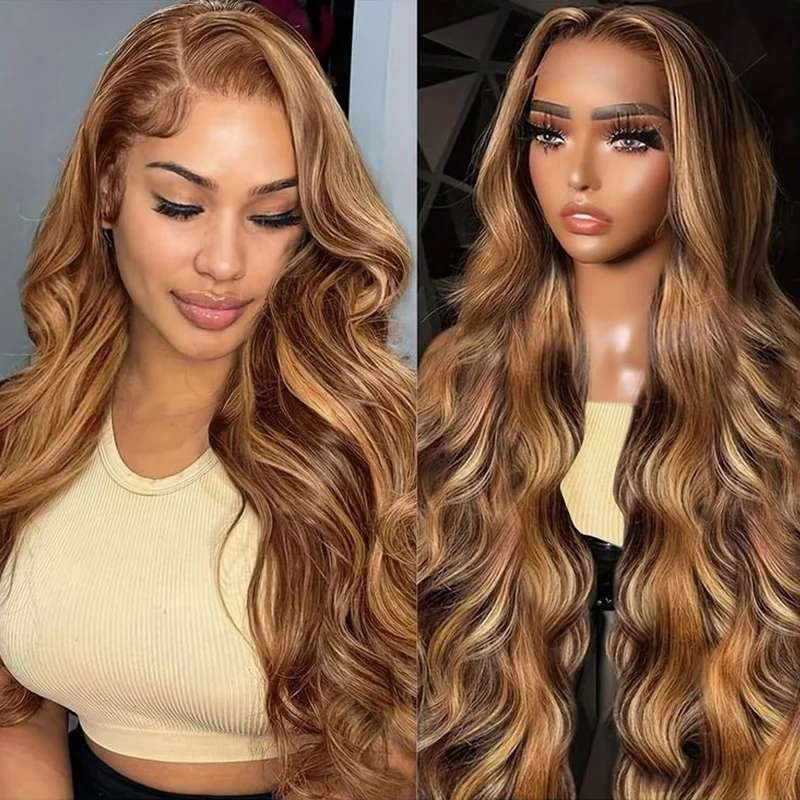 

P4/27 Highlight Ombre Brown Body Wave 13x4 Human Hair Wig Honey Blonde Colored 13x6 HD Lace PrePlucked 36 40 Inch Wigs For Women