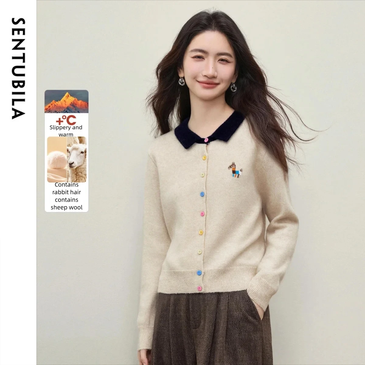 

SENTUBILA женский кардиган на пуговицах, зима 2025 года, вязаный топ с контрастными лацканами и длинными рукавами для женщин, трикотаж, женский W54EB5732