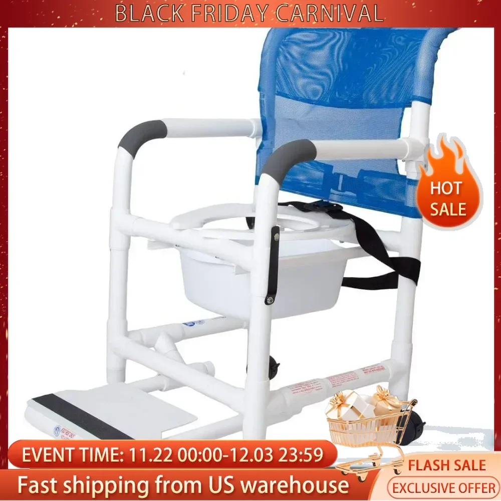 Rolling Shower Chair with Drop Arms, Mesh Seat, Locking Casters,  Slide Out Footrest and Commode Pail  Fits Over Standard Toilet