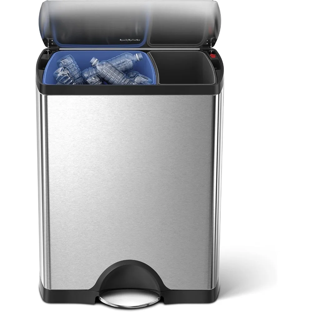 

Rectangular Dual Compartment Recycling Kitchen Step Trash Can, 46 Liter, Brushed Stainless Steel