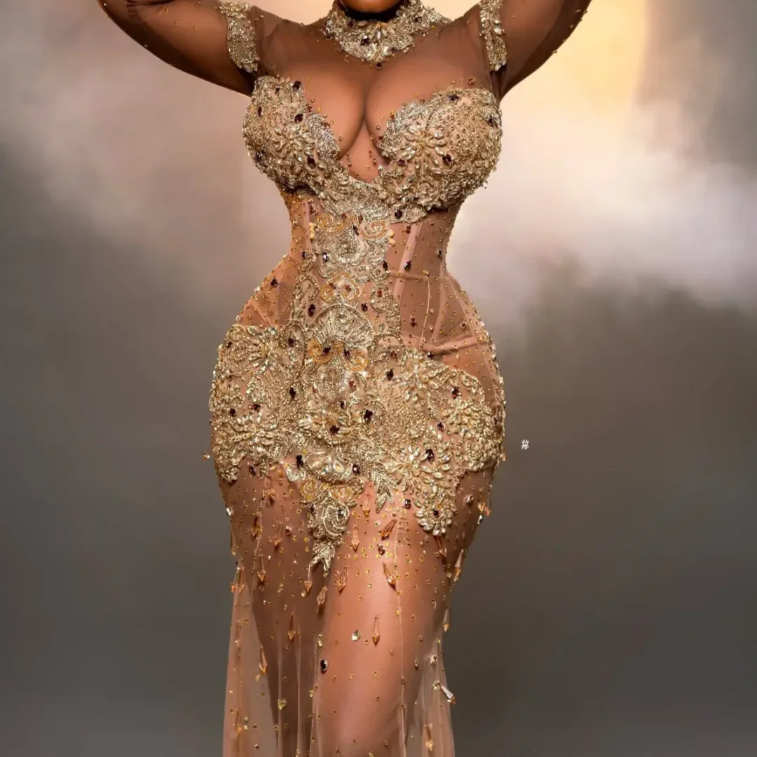 Vestido de recepción de boda de encaje con cristales de tul de ilusión africana, vestido de cumpleaños con cuentas de lujo, vestido de fiesta negro para niñas personalizado