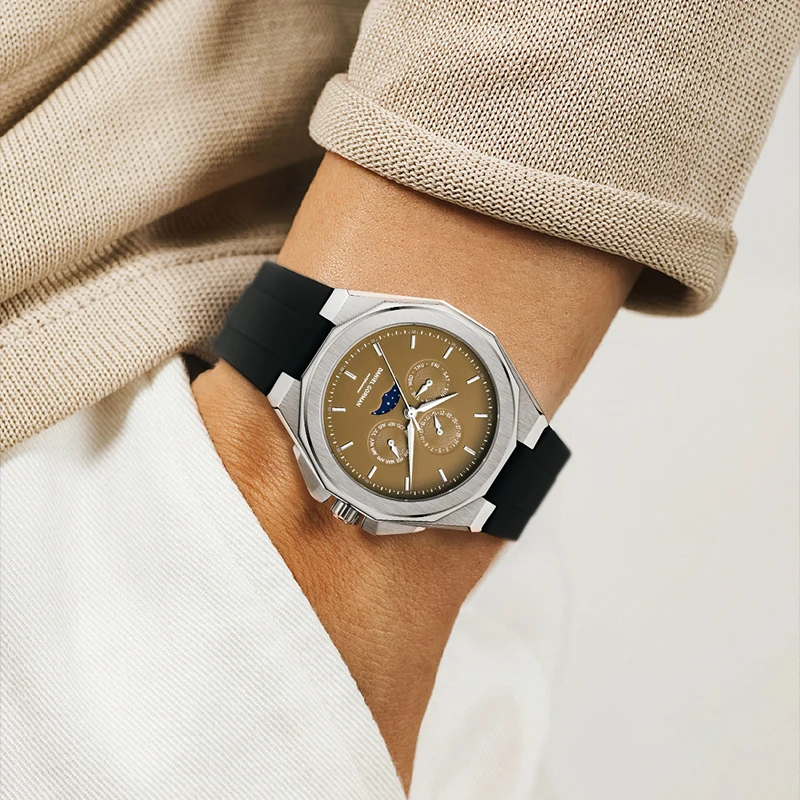 

Luxury Sport Octagonal Men Watch Silicone Strap Moon Phase Multifunction Quartz 6P00 Movement Wristwatch Casual Waterproof