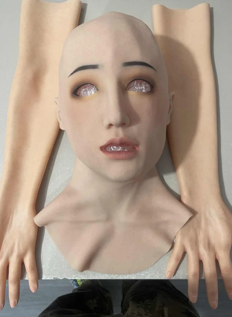 Silicone Female Hand Glove Young Girl Hands Sleeve and Face Mask Set Artificial Realistic Simulated Fake Woman Hand and Headgear