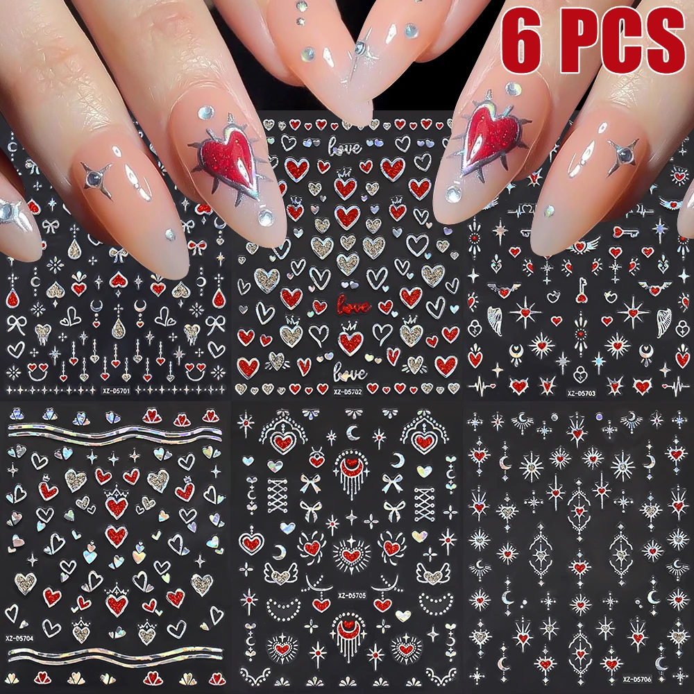 

6PCS Metallic Laser Silver Heart Nail Sticker Bowknot Star Nail Art Decals 5D Glitter Red Love Nail Sliders Adhesive Nail Parts