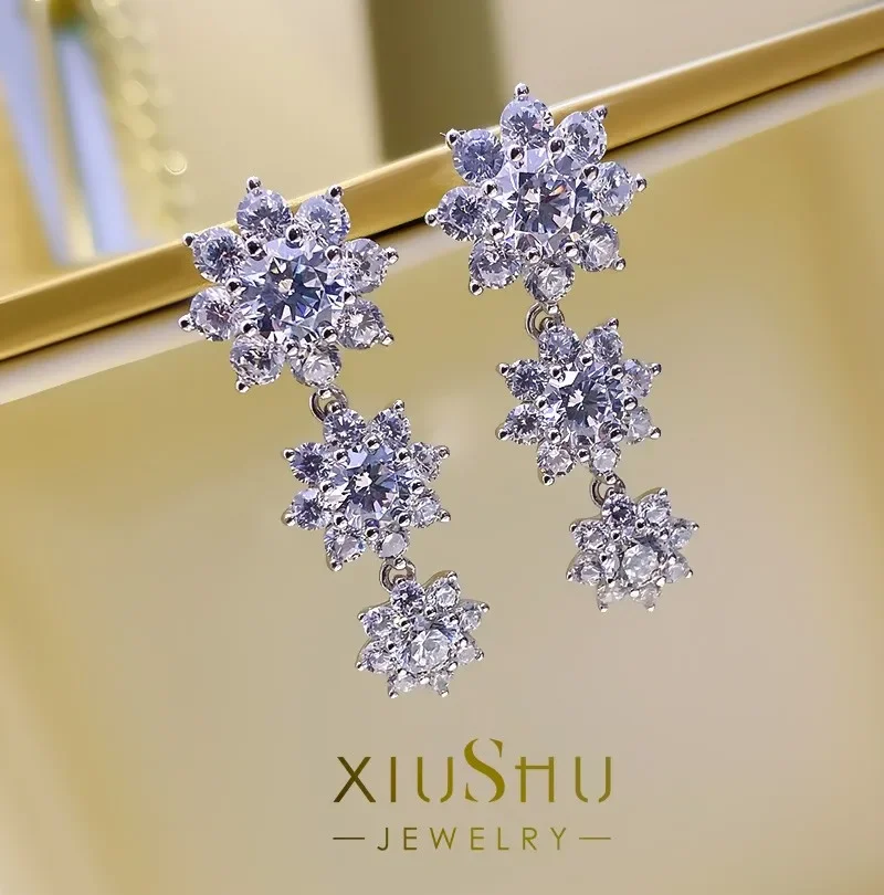 Pendientes de flores de plata esterlina, aretes largos con incrustaciones de diamantes de alto carbono, Gran Marca, simulación de sentido avanzado, nuevo estilo