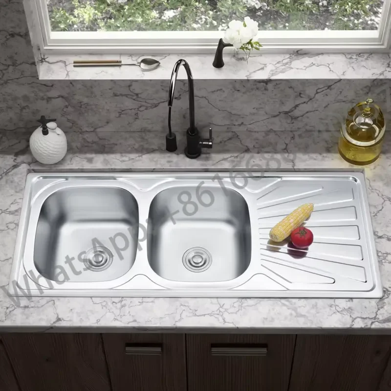 Commercial Top Mount 304 Double Bowl Stainless Steel Two Hole Handmade Modern Kitchen Sink