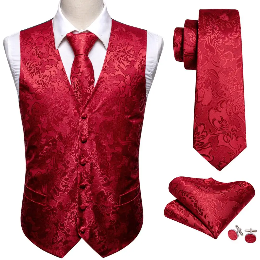 Elegant Men\'s Vest Dress Silk Embroidered Red Burgundy Paisley Flower Formal Suit Waistcoat Tie Set Jacket Wedding Barry Wang