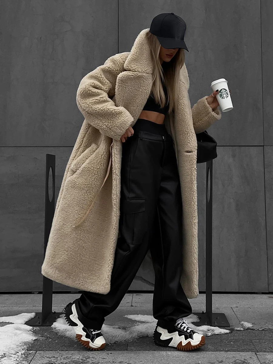 Vrouwen Lange Jas Kraagvorm Volledige Mouw Dikke Warme Y2k Streetwear Elegante Jassen Open Stith Herfst Winter 2025