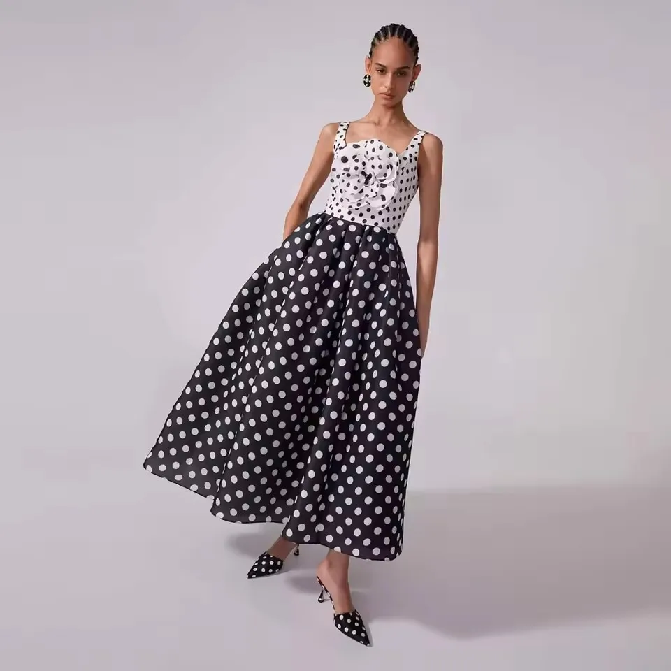 Beautiful Newest Polka Dot Midi Dress With Handmade Flower Details Women Formal Party Dresses Holiday Dress