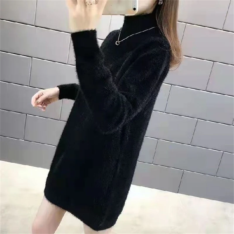 Autumn Winter Women Clothing High Collar Mink Cashmere Basic Knitted Sweater Solid Casual Loose Long Sleeve Thick Warm Pullovers