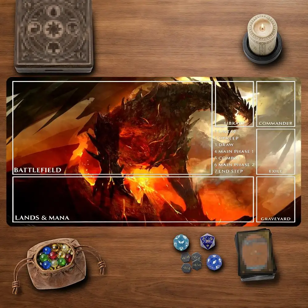 Volcano Fire Dragon TCG Playmat 35X60CM Wing Lava Beast Monster Magic Card Mat Non-Slip Durable Stitched Edge Tabletop Playmat
