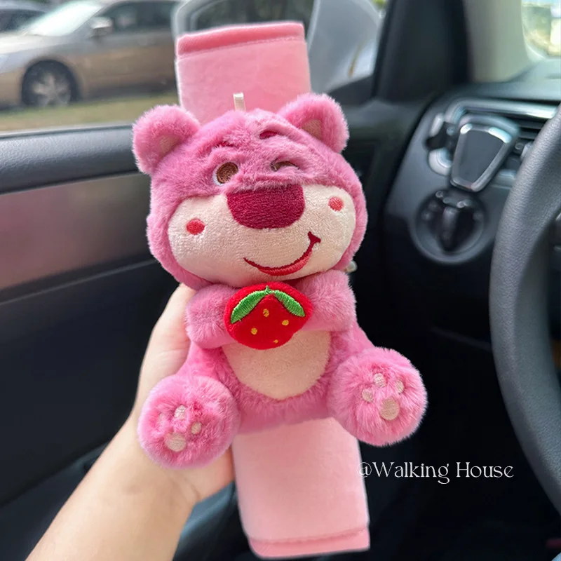 Car Seat Belt Shoulder Cover Cute Strawberry Bear Doll Car Cartoon Girl Car Interior Decoration