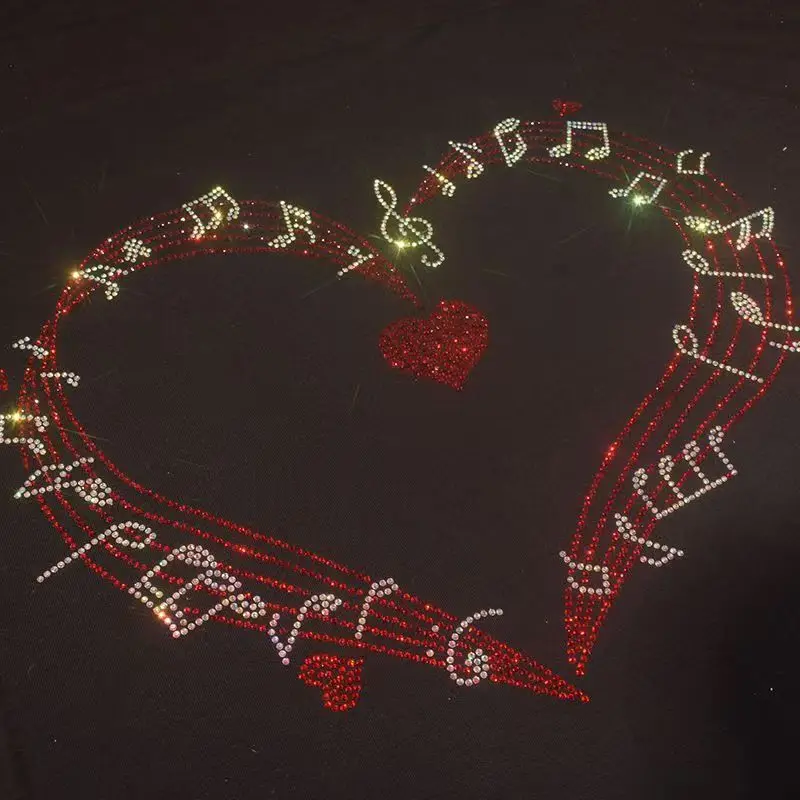 Music Heart Rhinestones Iron on Applique Patch Hot Fix Transfer Design Motif for Sweater Shirt - Glittering Fashion Accessory